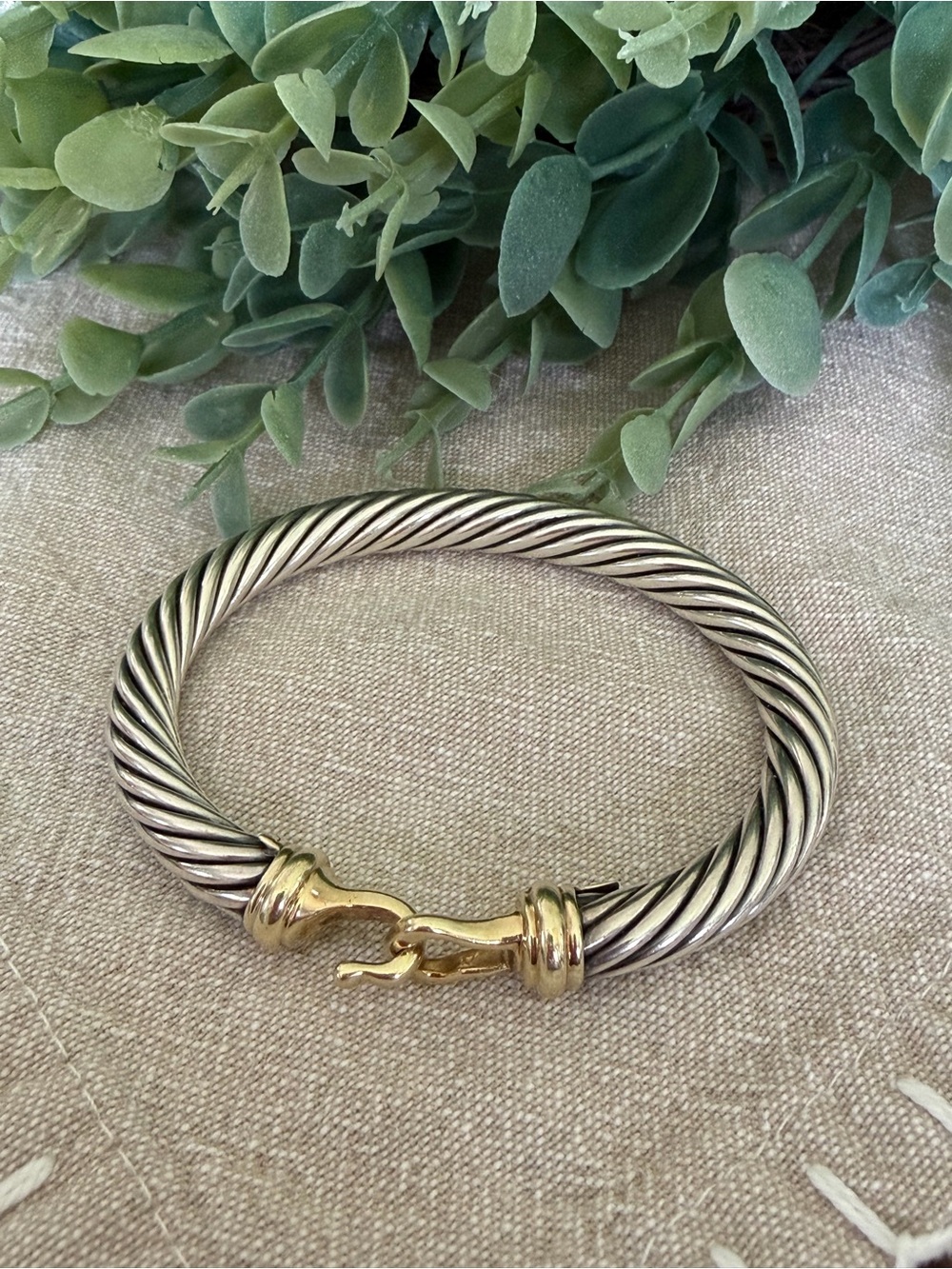 Vintage David Yurman 10mm Cable Hook Bracelet .925 Sterling Silver & 14K Gold 7”